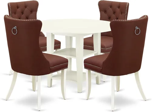 Vista 21 de East West Furniture SUDA5-LWH-12 - Juego de mesa de comedor de 5 piezas, incluye una mesa de cocina redonda con gotas y estantes y 4 sillas de tela