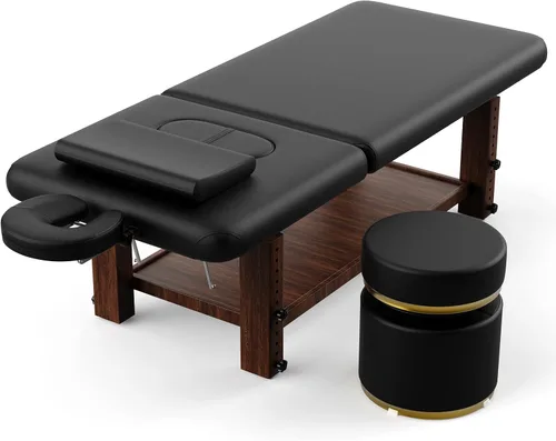 Vista 11 de Mesa de masaje estacionaria con marco de madera resistente con patas de altura ajustable, respaldo, para tratamiento, terapia física, cama de masaje