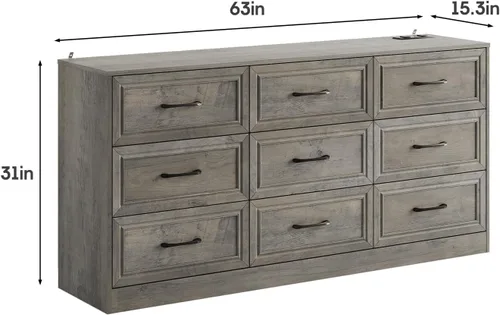 Vista 2 de Fameill - Cómoda para dormitorio, organizador de 9 cajones con estación de carga, cómoda alta para pasillo, cómoda de madera con tiradores de metal