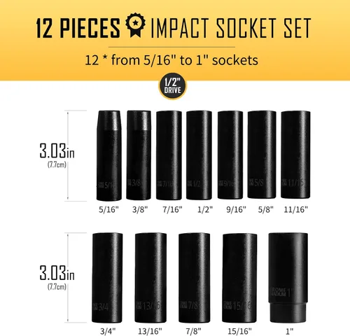 Vista 3 de BOEN Juego de 57 llaves de impacto SAE y métricas de 1/2 pulgada, revestimiento de fosfato negro, diseño de 6 puntos, cumple con las normas ANSI