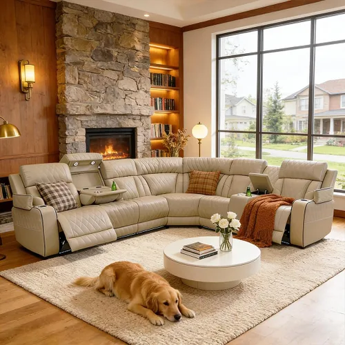 Vista 29 de Juego de sofá seccional reclinable de cuero, sofá seccional con 4 sillones reclinables Juegos de muebles de sala con 3 reclinables, luz LED