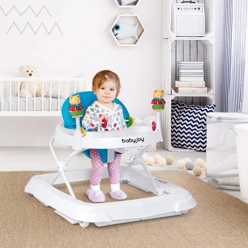 Vista 6 de BABY JOY Andador de bebé plegable, andador de actividades con altura ajustable, bandeja grande y juguetes removibles, andador de bebé con ruedas Azul