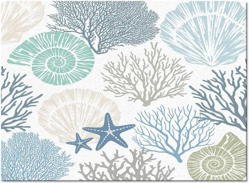 Vista 3 de Alfombra rectangular rectangular náutica azul para sala de estar, 4 x 6 pies, alfombra antideslizante de verano con diseño de conchas de mar y Coral