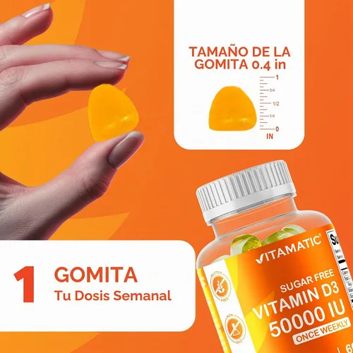 Vista 3 de Vitamina D3 Vitamática 50,000 UI, 60 gomitas naturales de sabor a naranja