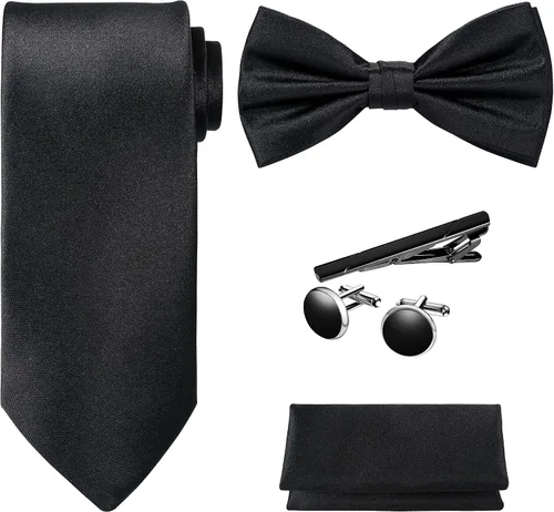 Vista 13 de TIE G 5pcs Tie Set in WHITE OR BLACK GIFT BOX: Solid Color Necktie, Satin Bow Tie, Pocket Square, Lapel, Cuff Links A-aqua