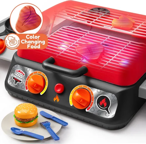 Vista 3 de Juego de parrilla para barbacoa para niños, juego de juguetes de cocina con humo de simulación, luz, sonido y alimentos que cambian