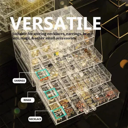 Vista 6 de CHADWICK Caja organizadora de joyas de acrílico con cajones de 5 capas y 120 rejillas, organizador transparente para aretes con tapa, caja
