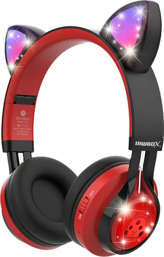 Vista 4 de Riwbox CT-7 - Auriculares Bluetooth de oreja de gato, con luz LED, inalámbricos, con micrófono y control de volumen para viajes, escuela, Azul