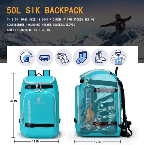 Vista 2 de Ski Boot Bag,50L Waterproof Skiing Boot Travel Backpack for Snowboard Boots, Ski Helmet, Goggles, Gloves, Skis, Snowboard & Accessories for