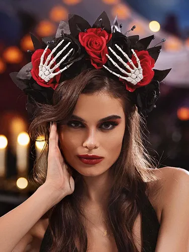 Vista 3 de Woeoe Diadema de Halloween FLower para el Día de los Muertos, diseño floral, araña, murciélago, fiesta, tocado para mujeres y niñas