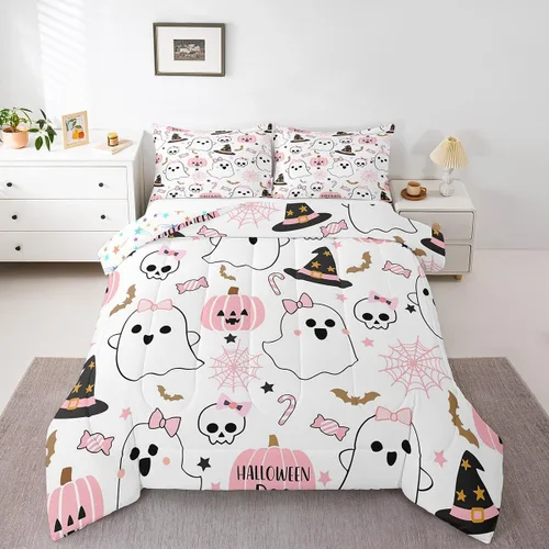 Vista 17 de Feelyou Juego de edredón de Halloween, color rosa fantasma, juego de ropa de cama tamaño individual, decoración para niños y niñas, lindo juego