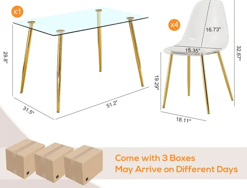 Vista 5 de Juego de mesa de comedor de cristal de 5 piezas, mesa de cocina y sillas de 51 pulgadas para 4, juegos de mesa de comedor transparentes con patas