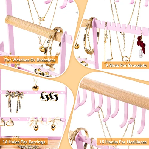 Vista 5 de Organizador de joyas con soporte de terciopelo para anillos, organizador de joyas de 4 niveles con 15 ganchos, organizador de collares y soporte