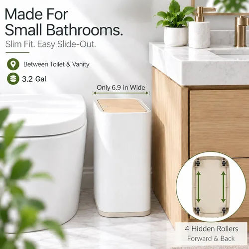 Vista 2 de Basurero pequeño para baño con tapa, 3.2 galones, color blanco Tapa de madera