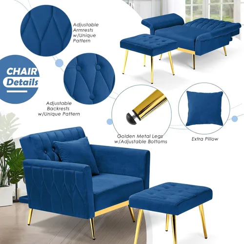 Vista 6 de Silla decorativa de terciopelo con respaldo y reposabrazos ajustables, azul