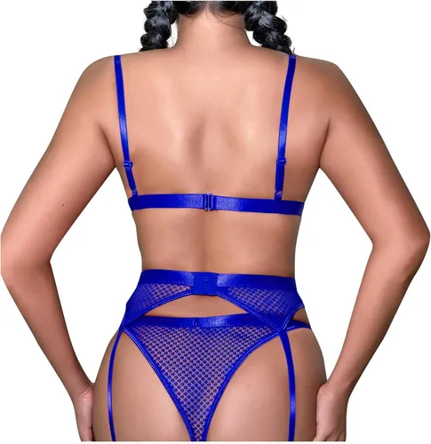 Vista 3 de Ropa interior sexy para mujer, traje de tres piezas con encaje de red de color sólido