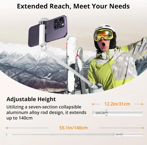 Vista 3 de ATUMTEK Trípode selfie stick de 55 pulgadas, trípode extensible todo en uno para teléfono con control remoto Bluetooth recargable para iPhone, Blanco