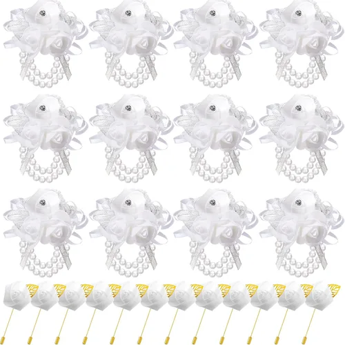 Vista 9 de Tigeen Juego de 24 ramilletes de muñeca y boutonniere para hombre, ramillete de muñeca de boda, flor de mano para madre de novia, novia, decoración