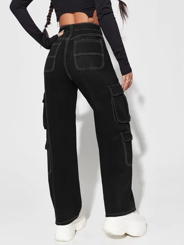Vista 2 de Floerns Pantalones cargo casuales de cintura alta con bolsillo con solapa y pierna recta para mujer