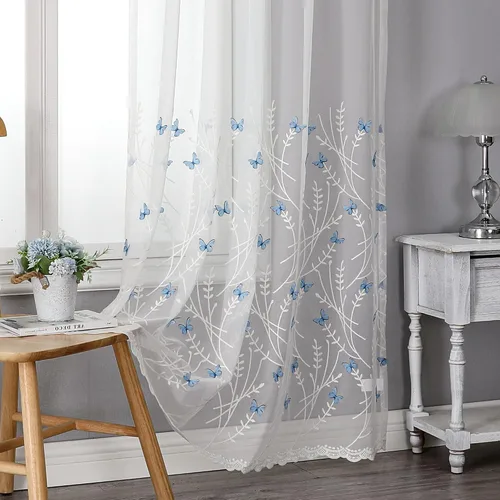 Vista 90 de VISIONTEX 2 paneles de cortinas traslúcidas de 63 in de largo, cortinas de gasa semitransparentes bordadas con hojas florales beige, bolsillo