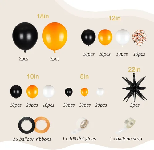 Vista 2 de Kit de arco de 161 globos de color negro, blanco y naranja, con 3 globos de papel de aluminio en explosión de estrellas para cumpleaños, graduación