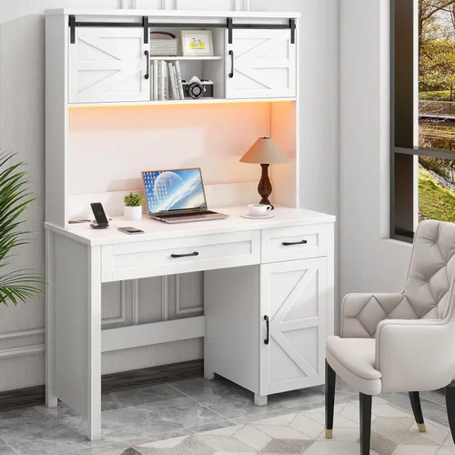 Vista 8 de Escritorio ejecutivo de granja de 67 pulgadas de alto con gabinete, mesa de oficina con luz LED y 4 cajones, escritorio para computadora