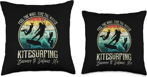 Vista 3 de Summer Kitesurf Apparel For Kitesurfers Retro Kitesurfing Feel The Wind, Ride The Waves Quote Throw Pillow, 16x16, Multicolor