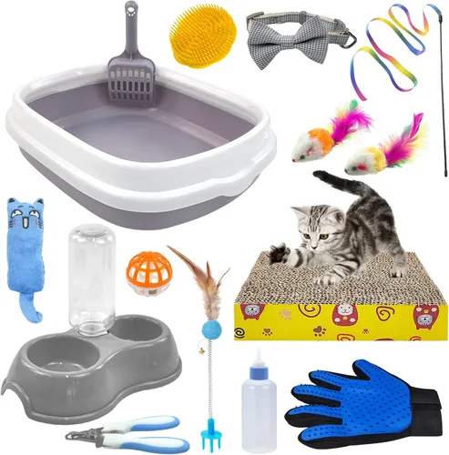 Vista 8 de Kit de iniciación para gatitos Hlimior - Juego de 15 piezas con todo lo esencial para gatos, incluye caja de arena, juguetes, collares, almohadilla