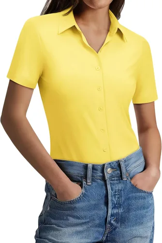 Vista 13 de Gleeivy Camisas con botones para mujer, ajustadas, de manga corta, elásticas, para el trabajo, sin arrugas, blusas de oficina