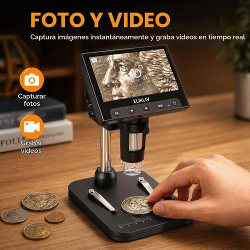 Vista 3 de Elikliv Microscopio para monedas, microscopio digital LCD de 4.3 pulgadas, 1000x, lupa de monedas con 8 luces LED ajustables, vista de PC compatible