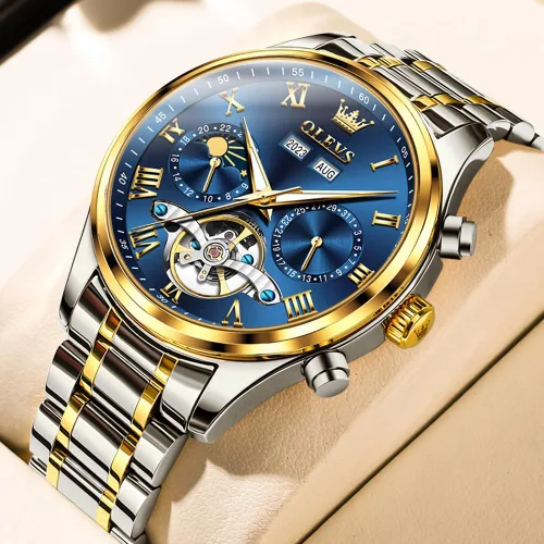 Vista 3 de OLEVS Relojes automáticos para hombre, movimiento mecánico, esfera de esqueleto, relojes Tourbillon de cuerda automática, de lujo, impermeables