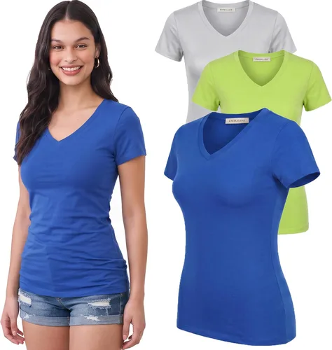 Vista 136 de Emmalise Camiseta de manga corta para mujer, cuello en V, tallas junior y plus