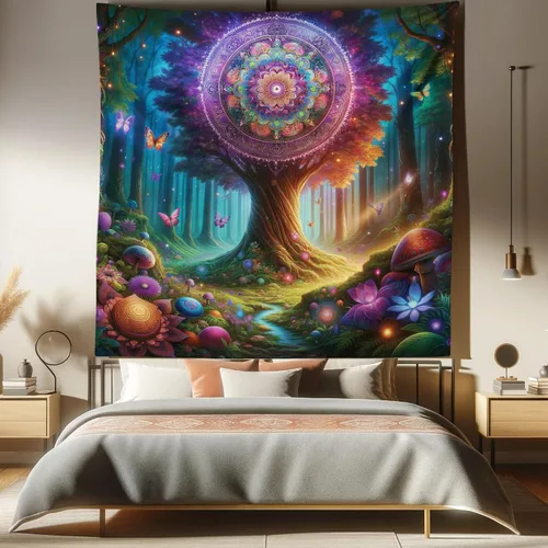Vista 170 de Ambesonne Tapiz verde, fases lunares alrededor de un árbol de la vida, impresión de diseño bohemio de astrología nocturna, decoración de tela