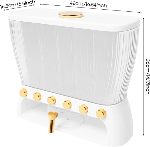 Vista 4 de Dispensador de alimentos secos, 6 rejillas, dispensador de arroz, contenedor de almacenamiento de cereales transparente con taza medidora