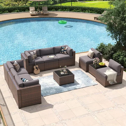 Vista 36 de Aoxun - Juego de 7 piezas de muebles de patio de mimbre de ratán, conjunto de sofá modular para conversación de patio con mesa de café y cojines