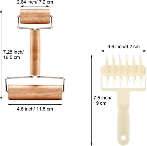Vista 3 de Mudder Juego de 2 piezas de rodillo de masa de pizza, rodillo de plástico para pastelería con pinchos, rodillo de madera antiadherente