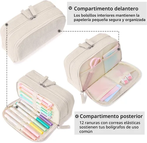 Vista 4 de Sooez Estuche de Lápices de Gran Capacidad con Funda para Bolígrafos, Bolsa de Lápiz de Corduroy Suave con 3 Compartimentos, Múltiples Bolsillos