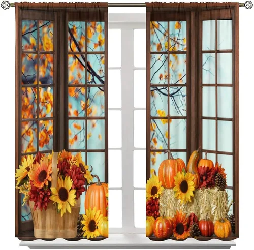 Vista 3 de Cortinas de ventana de cosecha de otoño, marco de madera rústica, cortinas florales de pacas de heno y calabaza, cenefa de cocina de Acción