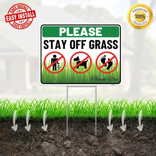 Vista 5 de 2 carteles con estaca, 12 x 9 pulgadas, plástico corrugado, con texto en inglés "Keep Off Dont Walk on Grass - No Dog Pooping Peeing Curb Your Dog