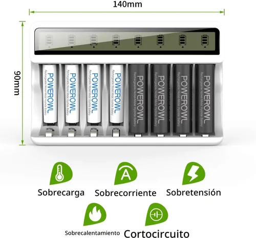 Vista 6 de Powerowl Cargador de Batería de 8 Compartimentos AA AAA con Pantalla LCD (Carga Rápida USB, Ranura Independiente) para Baterías Recargables Ni-MH