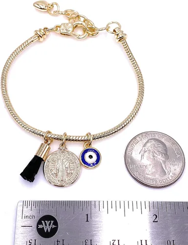 Vista 4 de LESLIE BOULES Pulsera de San Benito para mujer con dije de mal de ojo y piedra de azabache auténtica, Latón