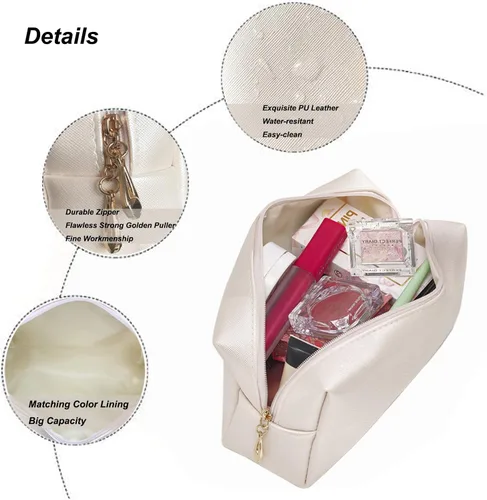 Vista 5 de Juego de 2 bolsas de cosméticos de piel sintética para mujer, bolsa de maquillaje minimalista para uso diario, bolsa de almacenamiento portátil