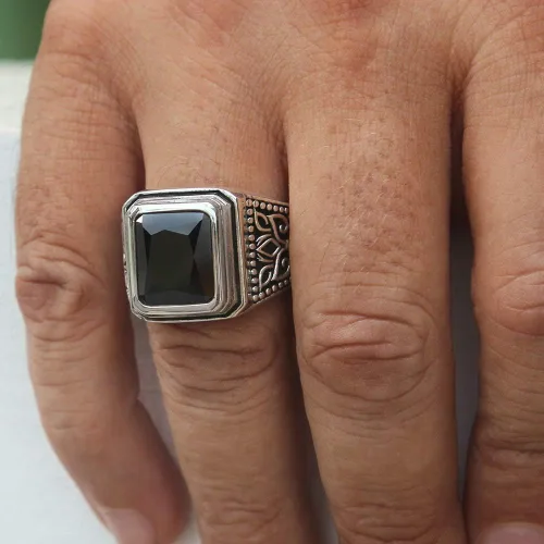 Vista 2 de Juego de anillos de plata de ley 925 maciza con piedra de ónix negro