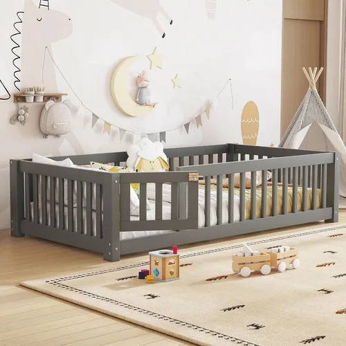 Vista 12 de Cama Montessori de tamaño matrimonial con tablillas, puerta y valla, cama Gris