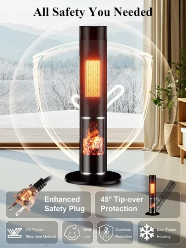 Vista 7 de Uthfy Calentador de espacio de 32 pulgadas para habitación grande, calentador eléctrico de 1500 W para uso en interiores con temporizador de 24