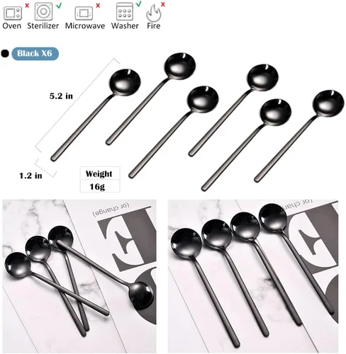 Vista 2 de 6 cucharas de café negras, cucharas de café espresso de acero inoxidable 18/8, mini cuchara de té Vogue de 5.2 pulgadas, cuchara pequeña agitadora