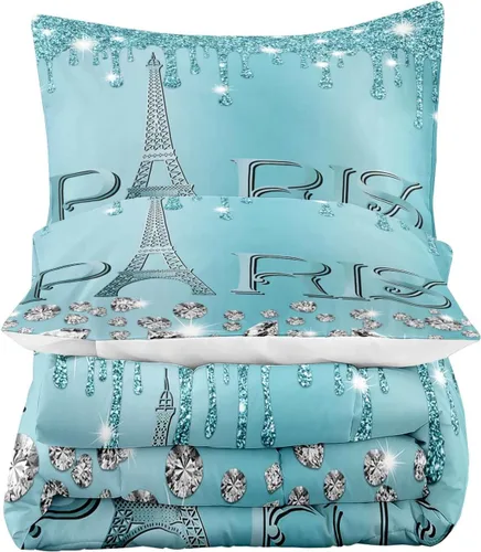 Vista 4 de LUVIVIHOME Juego de edredón de París de 2 piezas, tamaño individual, juego de ropa de cama de la Torre Eiffel francesa, juego de ropa de cama