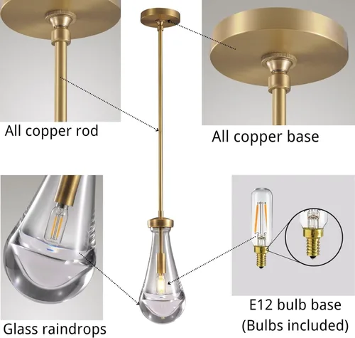 Vista 5 de Luces Colgantes Modernas de Gota de Lluvia, Luces Colgantes para Isla de Cocina, Lámpara de Comedor con Barra de Latón, Candelabro de Gota de Lluvia