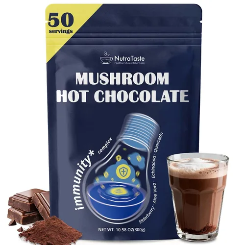 Vista 8 de Chocolate caliente de hongos para la calma, 50 porciones de cacao en polvo 10 suplementos de hongos con glicinato de magnesio, L-teanina