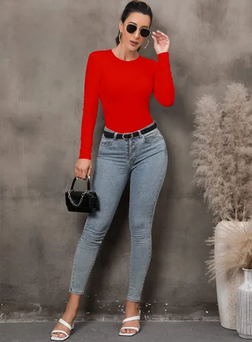 Vista 6 de MANGDIUP Bodysuit for Women Round Neck Long Sleeve Stretch Tops Jumpsuit